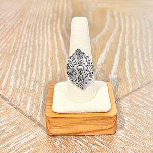 Silver Tone Boho Statement Ring Size 10 Vintage Tribal Floral Filigree Wide Ring